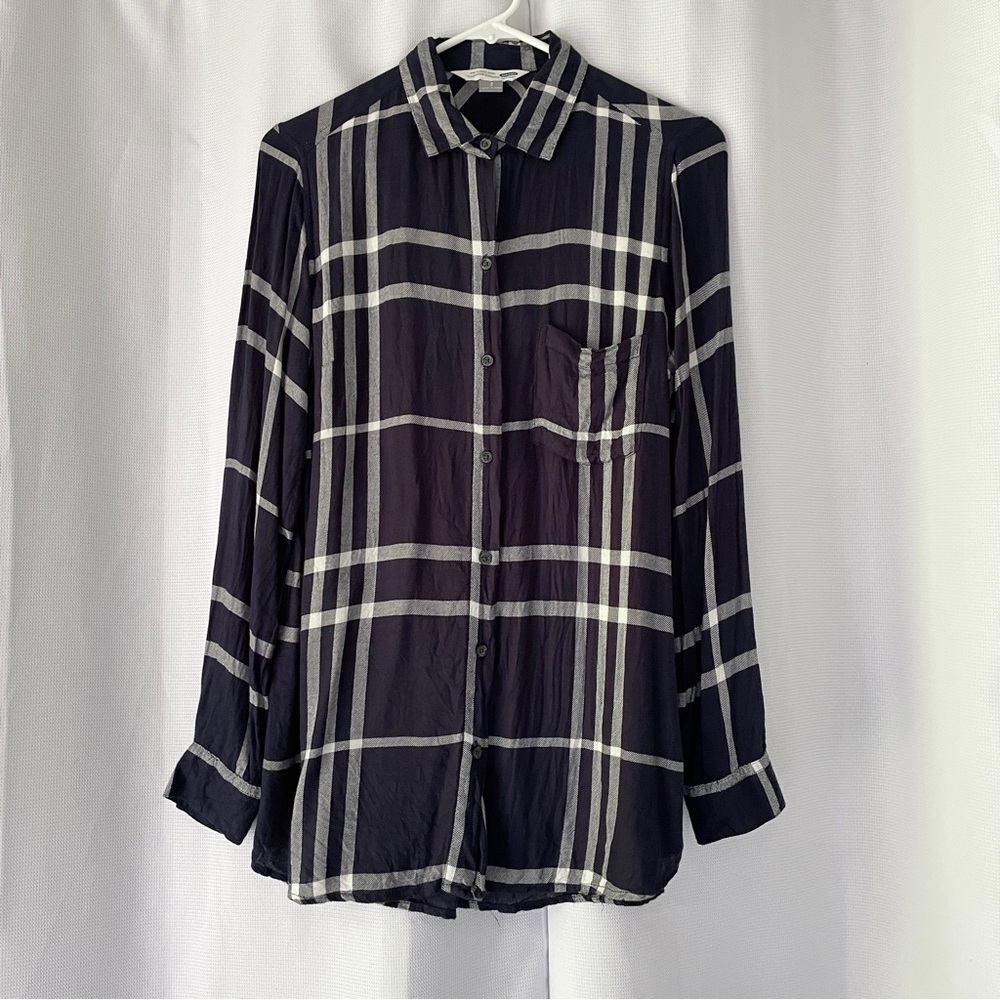 Old Navy The Classic Shirt Button Down Blue White Plaid Long Sleeve Women’s Sz S